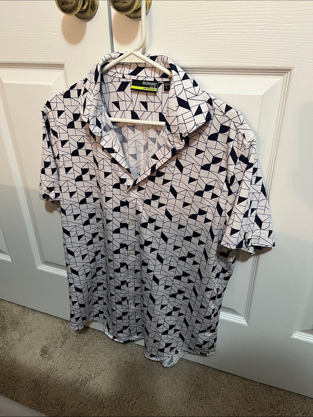 Murano White Shirt with Navy Geometric Print - Short Sleeve Button Down
